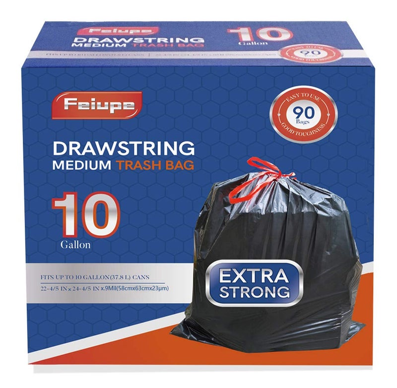 Feiupe 10 Gallon Drawstring Trash Bag Garbage Bag Trash Can Liner,0.9 Mil,90 Count (Black, 10 Gallon) - Image 1